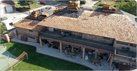 Aerial view of a wooden roofed house